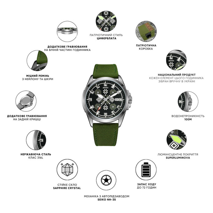 Awarder Embroidery Black-Red Green  Automatic 10ATM