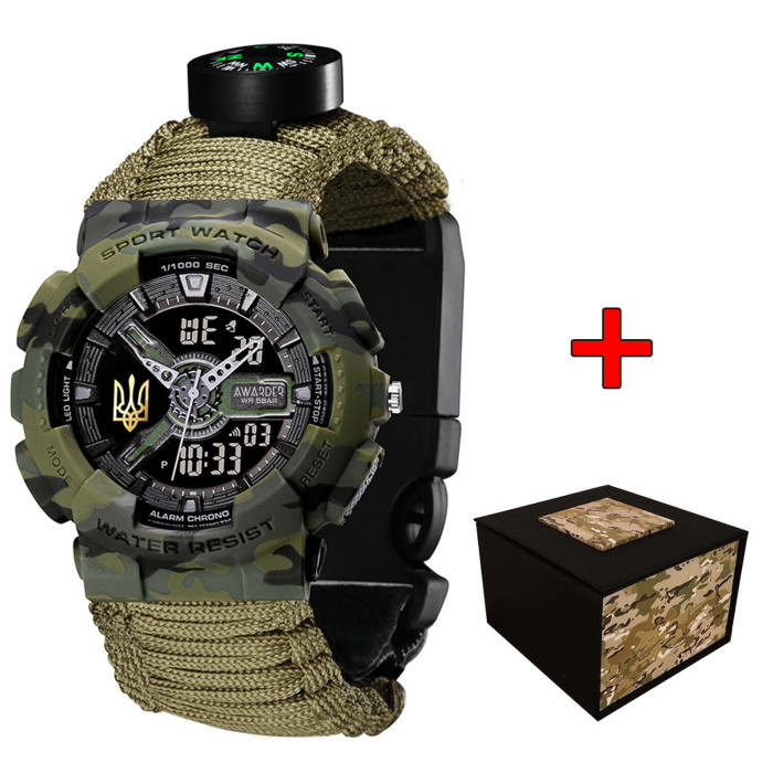 Наручные часы Awarder 005 Тризуб золото Camo Green Паракордовый ремешок Army Green