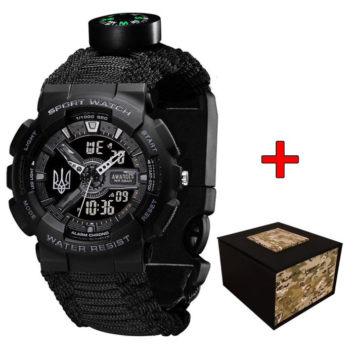 Наручний годинник Awarder 005 Тризуб срібло Black + Паракордовий ремінець Black