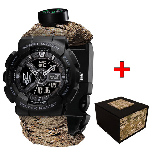 Наручные часы Awarder 005 Тризуб серебро Black + Паракордовый ремешок Desert Camo