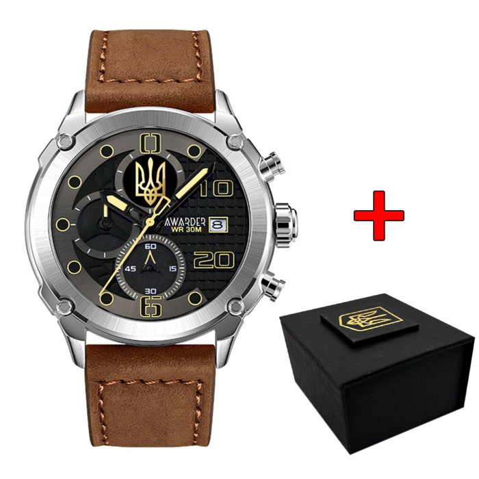 Наручний годинник Awarder 016 Silver-Black-Brown Тризуб золото