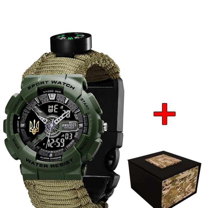 Наручний годинник Awarder 005P Тризуб золото Army Green Паракордовий ремінець Army Green + Коробка
