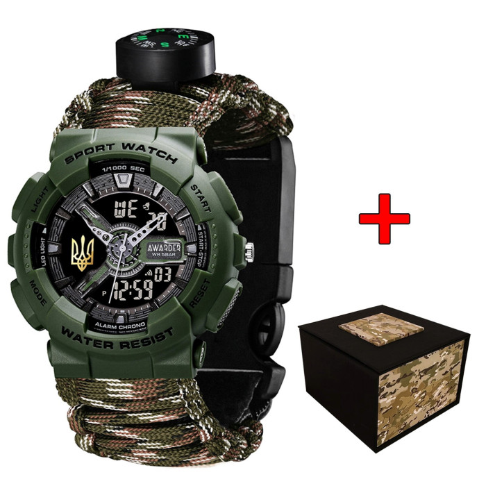 Наручний годинник Awarder 005P Тризуб золото Army Green Паракордовий ремінець Camo Green + Коробка