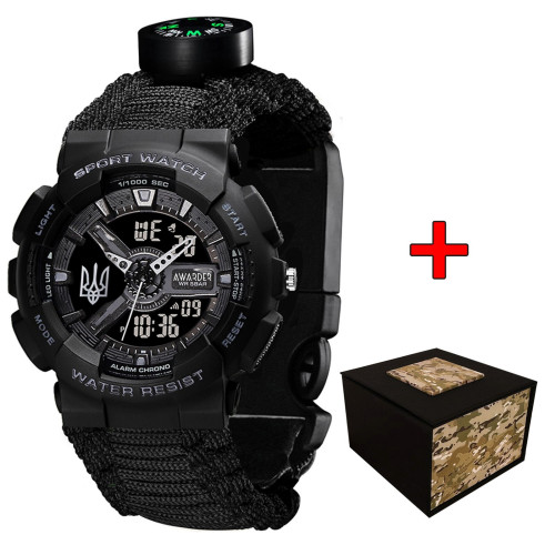Наручний годинник Awarder 005P Тризуб срібло Black + Паракордовий ремінець Black