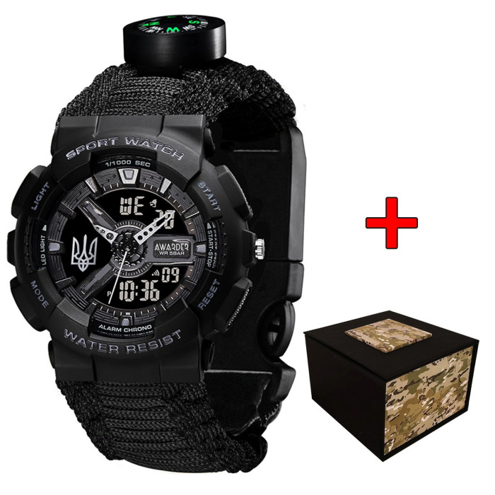 Наручний годинник Awarder 005P Тризуб срібло Black + Паракордовий ремінець Black