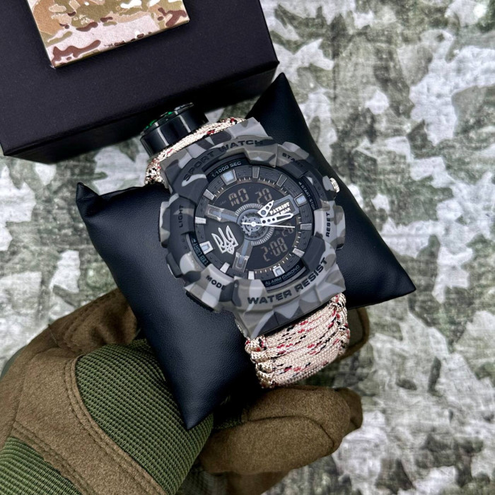 Patriot 005 Тризуб срібло Сірий камуфляж Паракордовий ремінець Desert Camo + Короб